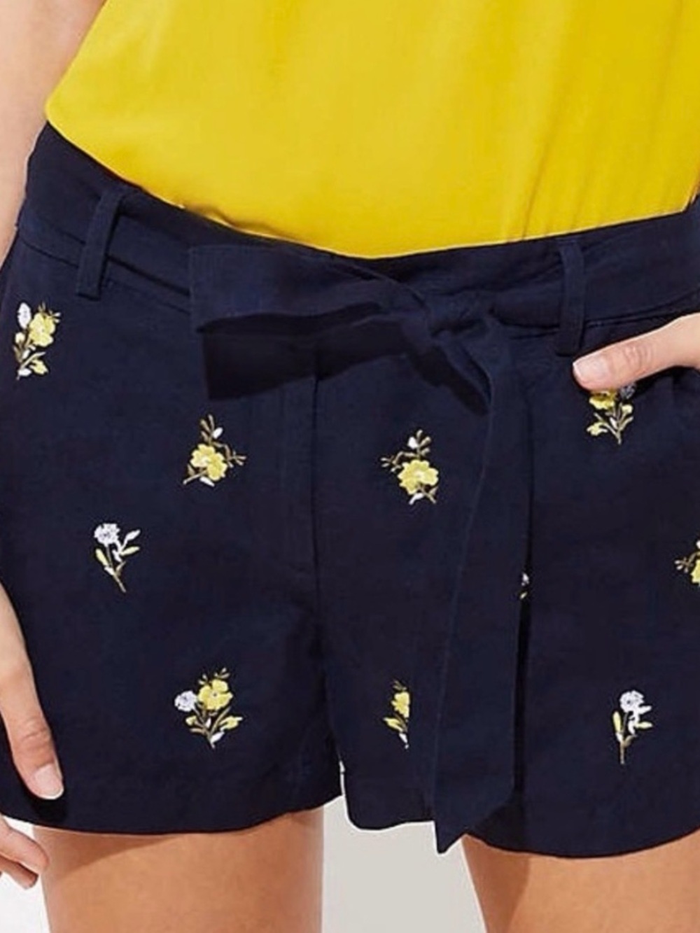 LOFT Navy High-Waist Floral Tie Shorts with Yellow Embroidery